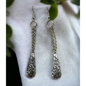 Vintage Floral Dangle Earrings Silver Tone Filagree Teardrop Chain